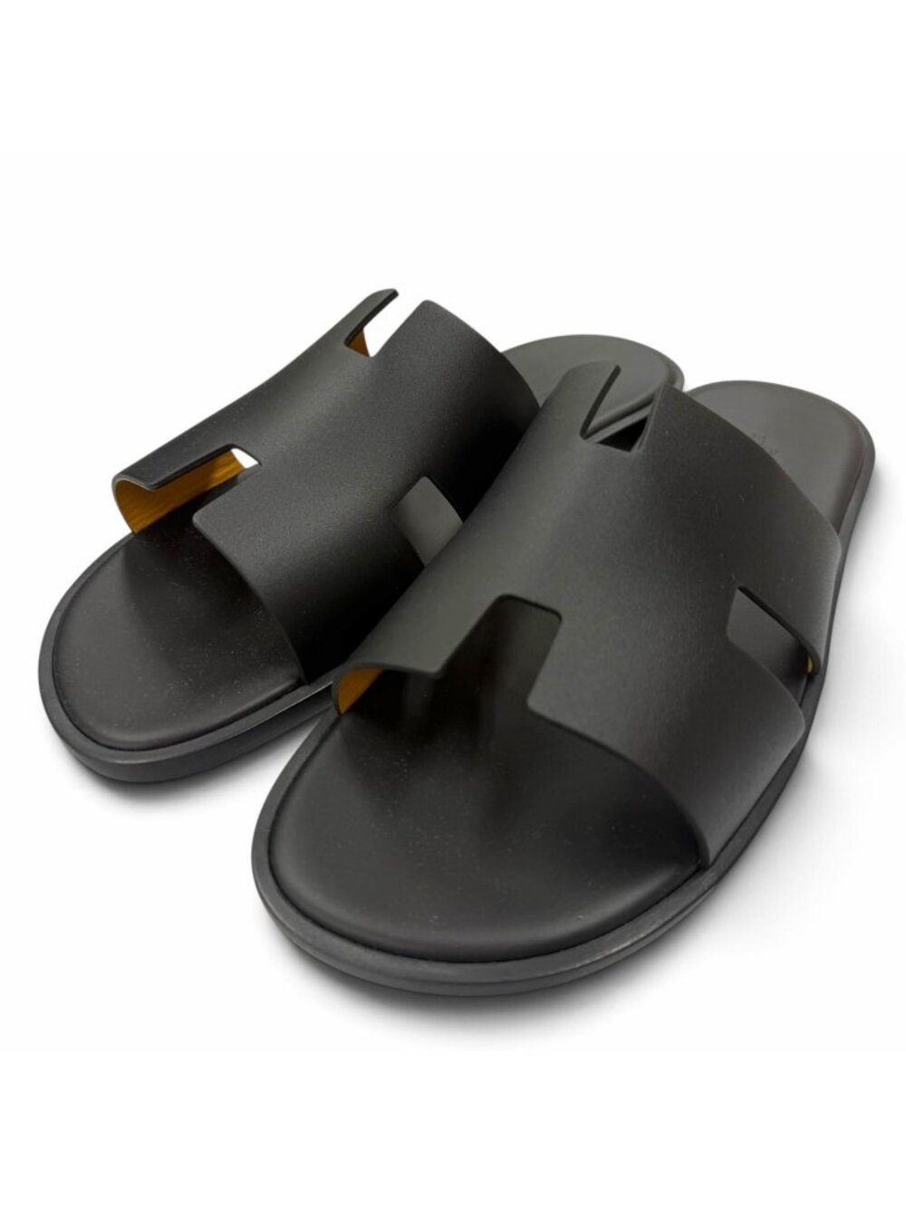 Hermes Izmir Leather H Logo Slide Sandals Black